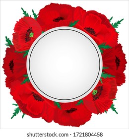 Frame of red poppies flowers. Round frame for your advertising poster or greeting card.