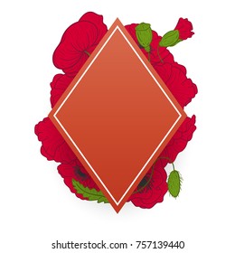 Frame with red poppies in retro vintage hand drawn, sketches, engraved style. Design elements for banner, cover, label, package, promote. Isolated on white background. Modern vector illustration.