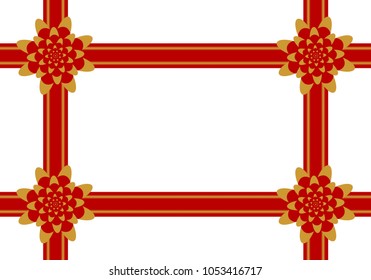 Frame of red ribbon with golden trim on the sides of red flowers around on a white background