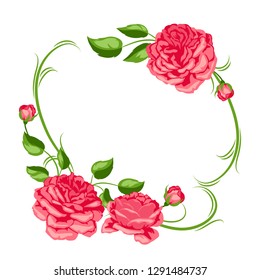 Frame with red roses. Beautiful decorative flowers, buds and leaves.