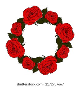 Frame of red roses. Floral frame isolated on white background. circle design made from rose flowers with copy space. vector illustration