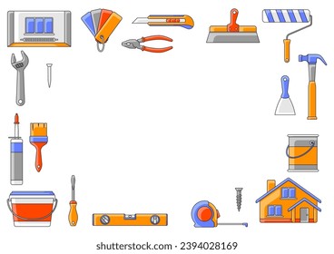 Frame with repair tools. Equipment for construction industry and business.