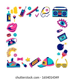Frame retro icons elements in trendy 80s-90s goods set hand-drawn cartoon style.  Vector colorful set doodle illustration isolated on white background