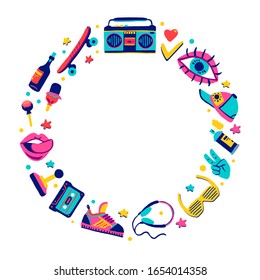 Frame retro icons elements in trendy 80s-90s goods set hand-drawn cartoon style. Vector colorful set doodle illustration isolated on white background