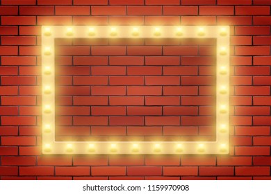 Frame of Retro light bulb on brick wall. Rectangle frame and Volumetric light. Advertising design of signboard. Vector Illustration