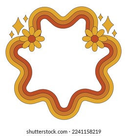 Frame in the retro style of the 70s. Stylized frame with flowers and stars. Vector retro hippie frame.