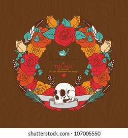 Frame in a retro style with skulls and roses