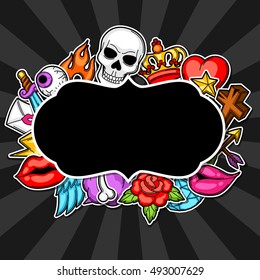 Frame with retro tattoo symbols. Cartoon old school illustration.