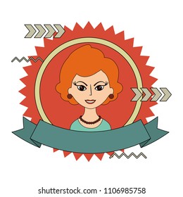 frame retro woman with ribbon character icon