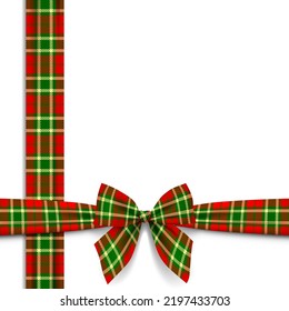 Frame of ribbon and bow in tartan style ornament isolated on white background. Gift package and Christmas and New Year greeting card. Vector illustration