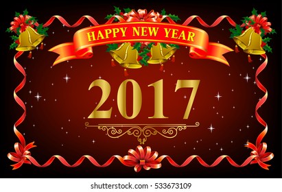 Frame ribbon of happy new year 2017, High detailed vector illustration . bell golden and leaf