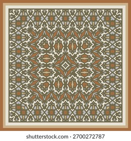  Frame. Ribbons. Square abstract pattern in white beige orange gray, fabric print scarf pattern. Home decor, interior design, cloth design.