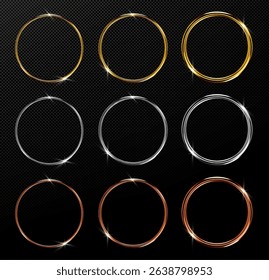Frame ring metal collection with sparkling light effects - golden, silver and copper circular borders on transparent bg. Shiny metallic round frames for luxury badges, awards or premium product design