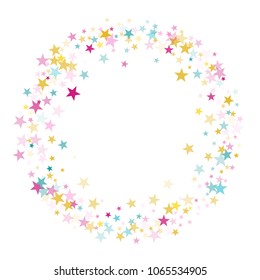 Frame ring of star sparkle texture glitter pattern. Premium colored confetti of flying stars circle, magic geometric sparkles stardust vector background frame. New Year party design.