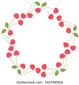 Frame of ripe cherry berries with stems and leaves and without them in the shape of a star on a white background. Vector.