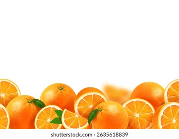 Frame with ripe oranges realistic seamless pattern. Sweet fruit 3d board for package and advertising of orange juice. Vector