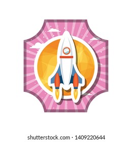 frame with rocket flying and planet of the solar system