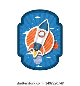 frame with rocket flying and planet of the solar system