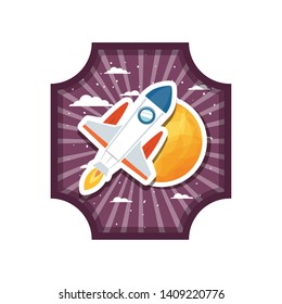 frame with rocket flying and planet of the solar system