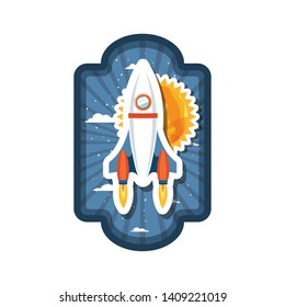 frame with rocket flying and planet of the solar system