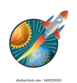 frame with rocket flying and planets of the solar system