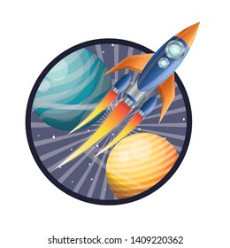 frame with rocket flying and planets of the solar system