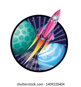 frame with rocket flying and planets of the solar system