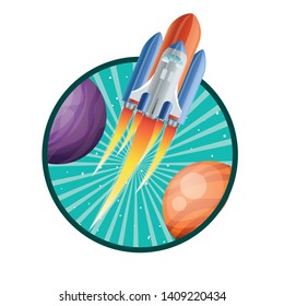frame with rocket flying and planets of the solar system