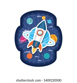 frame with rocket flying and planets of the solar system