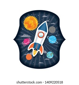 frame with rocket flying and planets of the solar system