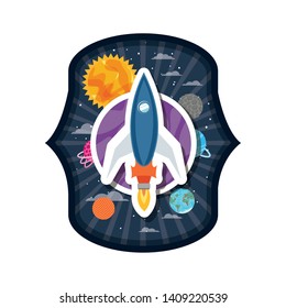 frame with rocket flying and planets of the solar system