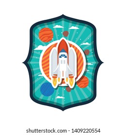 frame with rocket flying and planets of the solar system