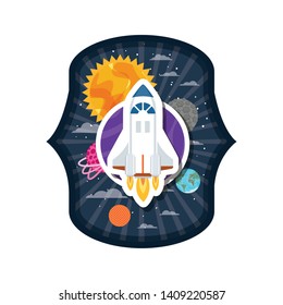 frame with rocket flying and planets of the solar system