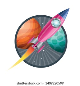 frame with rocket flying and planets of the solar system