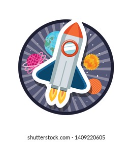 frame with rocket flying and planets of the solar system