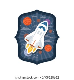 frame with rocket flying and planets of the solar system