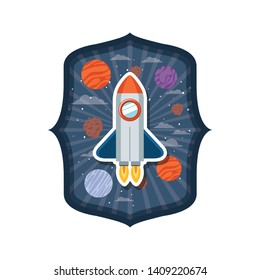 frame with rocket flying and planets of the solar system
