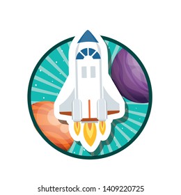 frame with rocket flying and planets of the solar system
