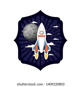 frame with rocket flying and planets of the solar system