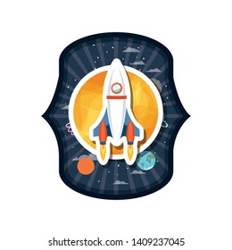 frame with rocket flying and planets of the solar system
