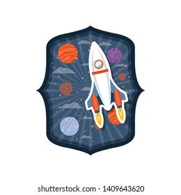 frame with rocket flying and planets of the solar system