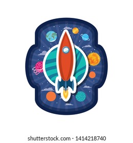 frame with rocket flying and planets of the solar system