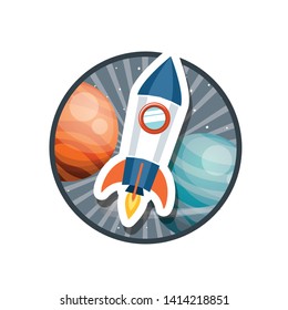 frame with rocket flying and planets of the solar system