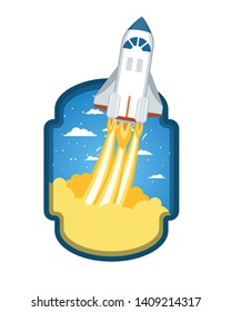 frame with rocket taking off in clouds background