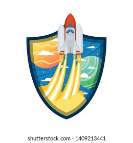 frame with rocket taking off and planets