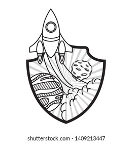 frame with rocket taking off and planets