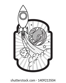 frame with rocket taking off and planets