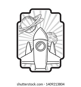 frame with rocket taking off and planets