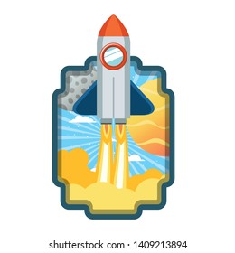 frame with rocket taking off and planets