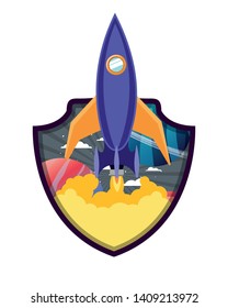 frame with rocket taking off and planets